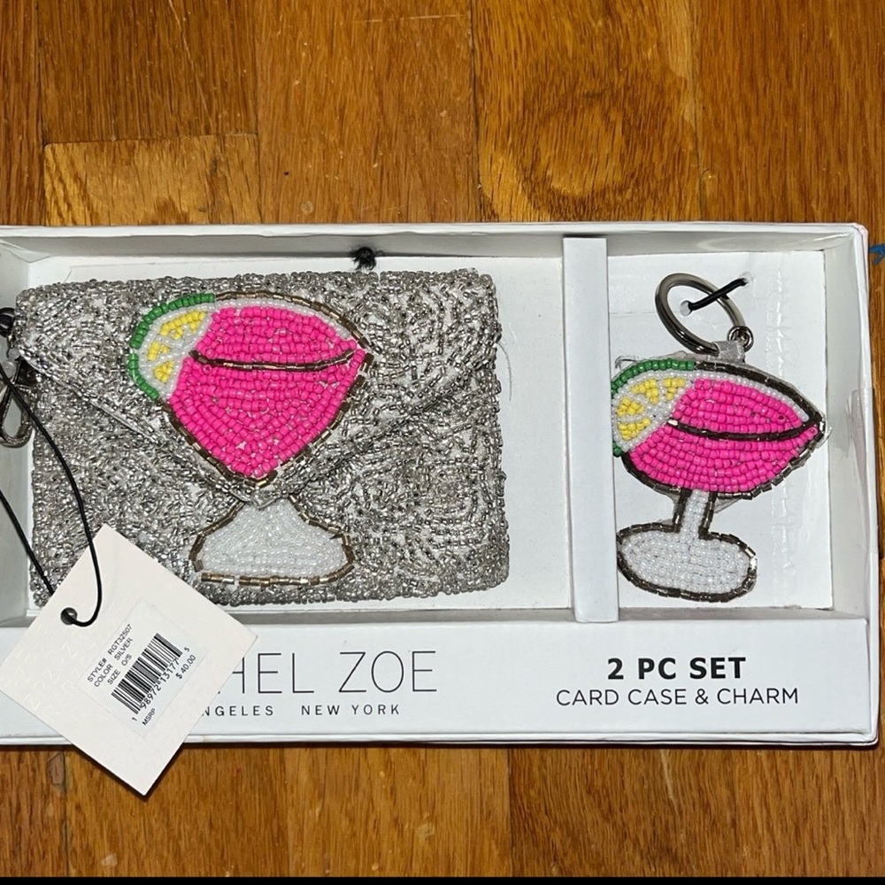 Rachel Zoe Beaded Pink Cocktail Card Case & Charm Set